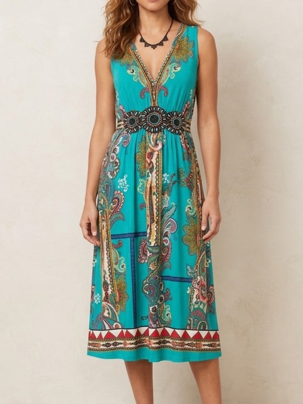 ICE Vtg Beaded Waist Flowy Midi Dress V Neck Size 12 Teal Paisley Boho Chic - Picture 1 of 9